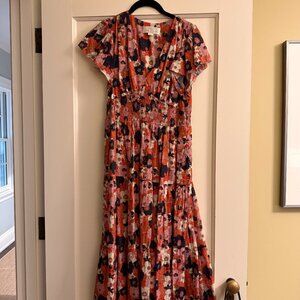 Trovata Birds Of Paradise Kendall Dress Small S Floral Midi Flutter Sleeve